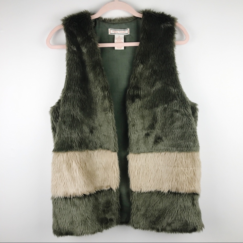Flying Tomato Faux Fur Vest Olive Green Tan Sleeveless Open Front Size Small
